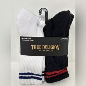 True Religion Mens 8 pack Half Cushion Crew Socks 10-13 Shoe Size 8-12 NEW wTAGS